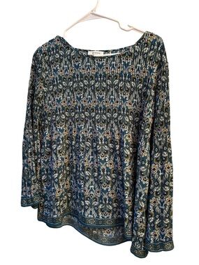 Max Studio Teal Paisley Floral Smocked Yoke Tunic